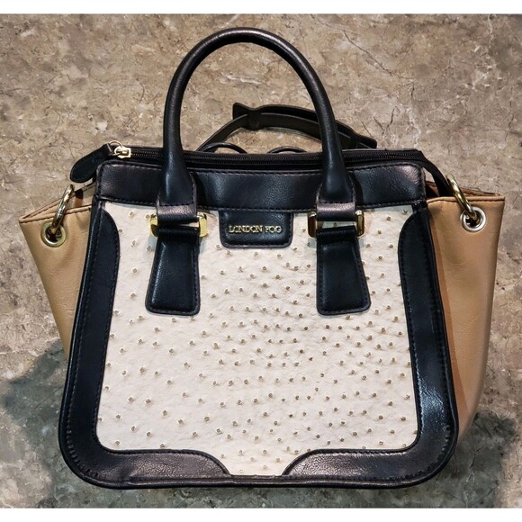 Satchel Handbags - London Fog Faux Ostrich Skin Purse Handbag Black/Beige Lock Key Design 5 Pockets